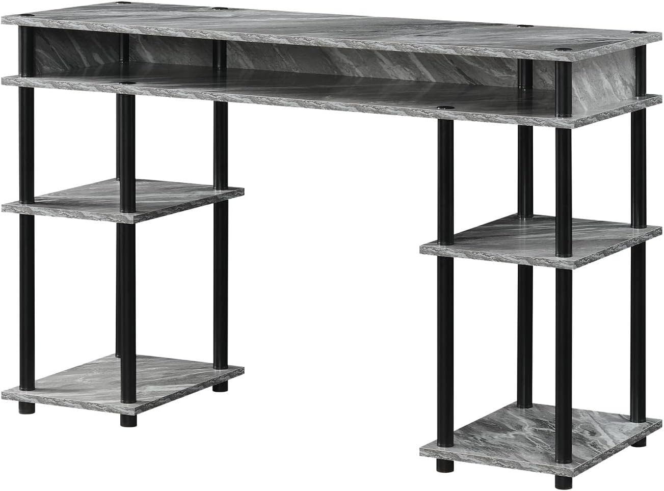 Convenience Concepts Designs2Go No Tools Desk Home Office Desk with Shelves, Corner Shelf Vanity Desk Computer Desk Nail Table for Nail Tech - 47.25" L x 15.75" W x 30" H, Gray Marble/Black