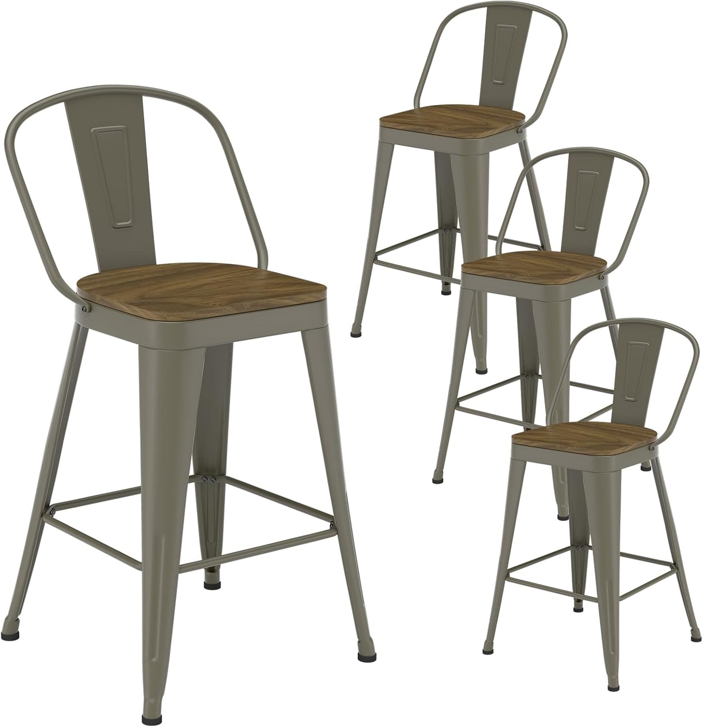 Metal Bar Stools Set of 4, High Back Bar Stools with Wooden Seat, 24 inch Rusty Barstools for Kitchen Island