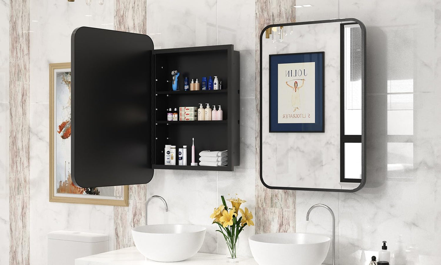 24x30 Inch Bathroom Medicine Cabinet with Mirror Black Metal Framed Farmhouse Recessed or Surface Wall Mounted Black Medicine Cabinets for Bathroom