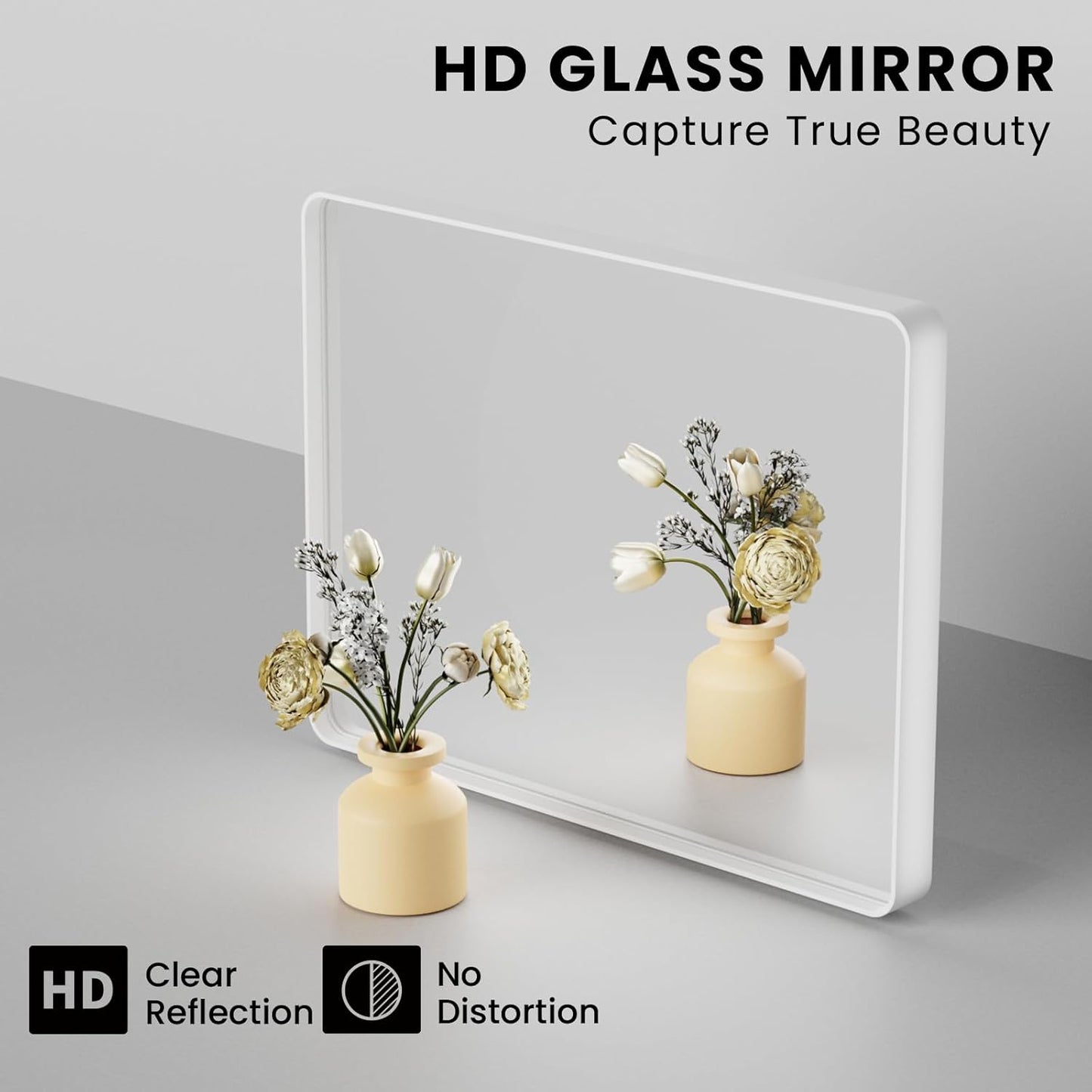 White Bathroom Mirror 36x36 Inch, White Metal Framed Bathroom Mirror for Wall, Rounded Rectangle Matte Bathroom Vanity Mirror, Tempered Glass, Anti-Rust, Horizontal/Vertical