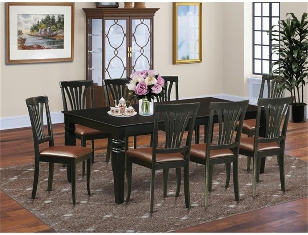 East West Furniture LGAV9-BLK-LC 9 Piece Dining Set Includes a Rectangle Dining Room Table with Butterfly Leaf and 8 Faux Leather Upholstered Chairs, 42x84 Inch, Black