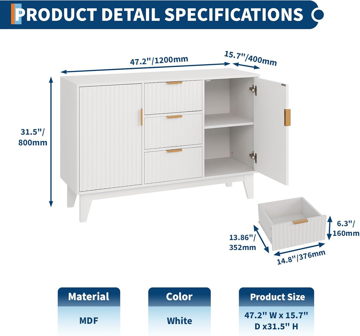 Garvee 47.2" Fluted Buffet Cabinets with Storage, Sideboard Storage Cabinet with 3 Drawers and 2 Doors, Modern Mid Century TV Stand Coffee Bar Furniture for Living Room, Kitchen, Entryway- White