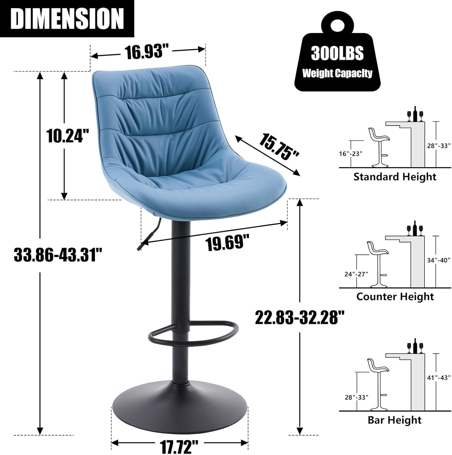 Kidol & Shellder Bar Stools Set of 2 Adjustable Swivel Blue, PU Leather Upholstered with Back, Modern Counter Height Stools for Kitchen Island, Home Bar