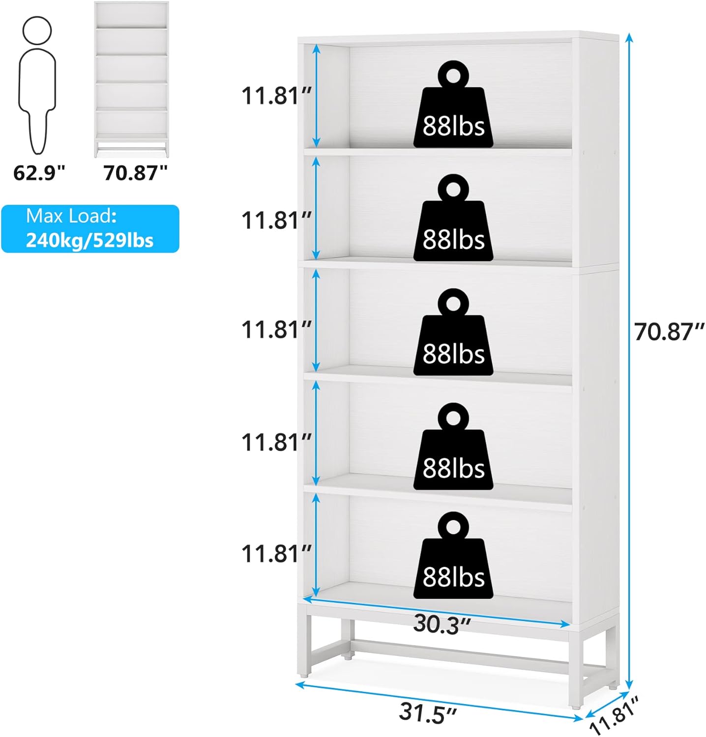 Tribesigns Tall Bookcase and Bookshelf, 70.8” Large Bookcases Organizer with 5-Tier Storage Shelves, Heavy Duty Free-Standing Library Bookshelf Shelving Unit for Living Room, Bedroom, Office (White)