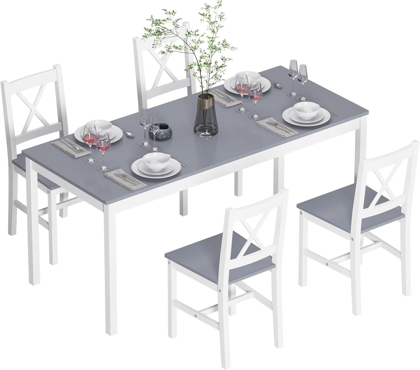 soges 5 Pieces Dining Table Set with 4 Chairs, 47.2 inch Kitchen Pine Wood Table for 4, Rectangular Dining Table Furniture Set for Kitchen, Dining Room, Dinette, White & Grey