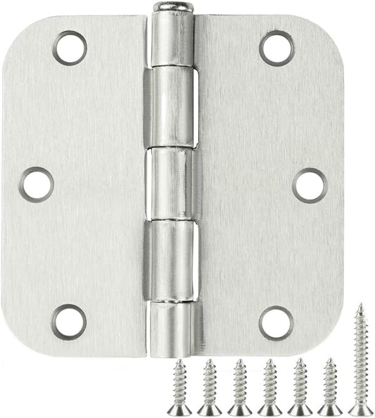 6 Pack Rounded Brushed Nickel Door Hinges 3.5 x 3-1/2" Inch, 5/8" Radius Interior Hardware 3 ½"Cottage Flat Bungalow Mobile Home Skyscraper Indoor Hinge for Doors Use Renovate Bedroom Kitchen