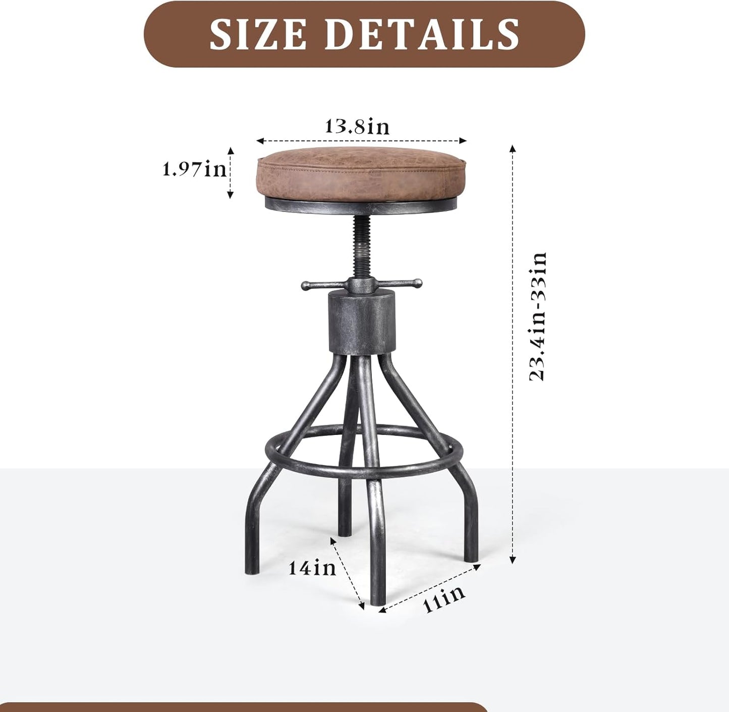 Industrial Bar Stools Swivel Pu Seat Vintage Kitchen Island Counter Stool 23-33inch Height Adjustable Rustic Shop Chair (Set of 2)