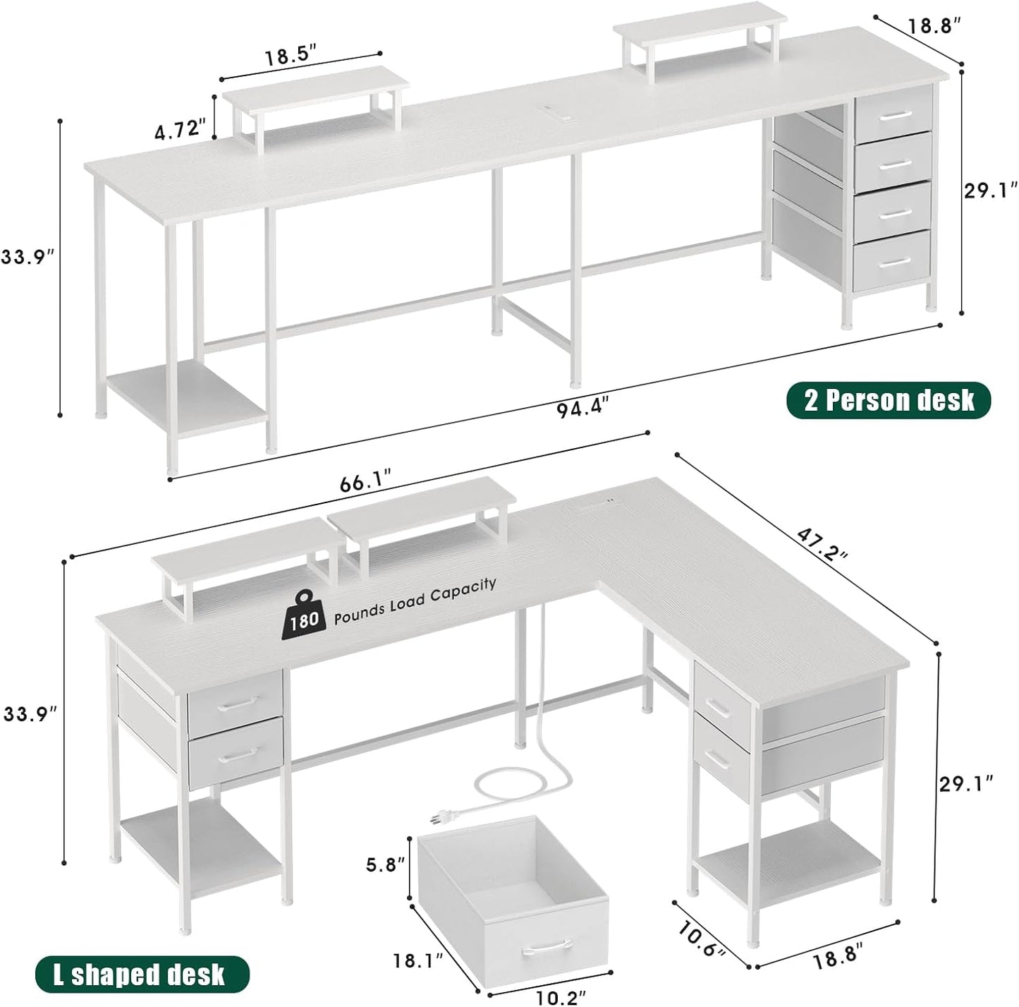 66" L Shaped Computer Desk, 94.4'' Home Office Desk with Power Outlets, 4 Adjustable Storage Drawers & 2 Monitor Stands, Large Two Person Gaming Table for Writing Study, White