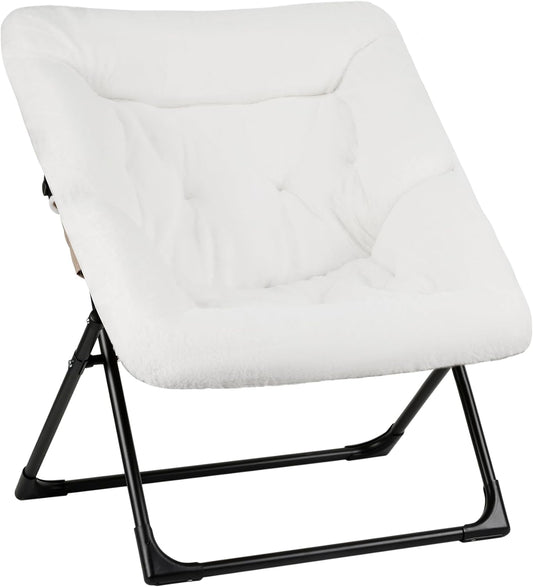 Comfy Saucer Chair for Adults, Soft Faux Fur Bedroom Chair, Accent Dorm Chairs, Flexible Living Room Reading Chairs, Oversized Folding Lounge Seat for Teens, X-Large, White