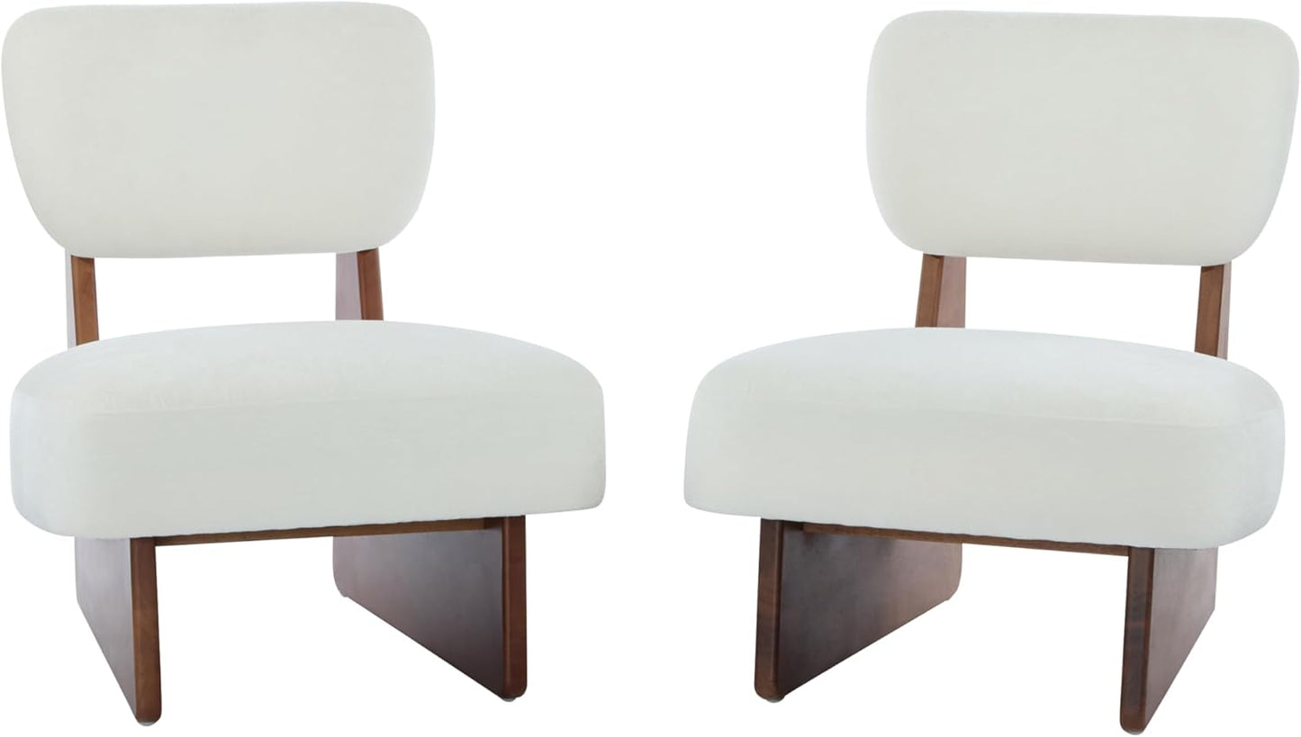 Christopher Knight Home Mores Low Profile Accent Chair Set of 2, Modern Living Room Armless Lounge Chair, Fabric Comfy Reading Chair for Bedroom, Wooden Frame and Thick Padded Seat, White+Walnut