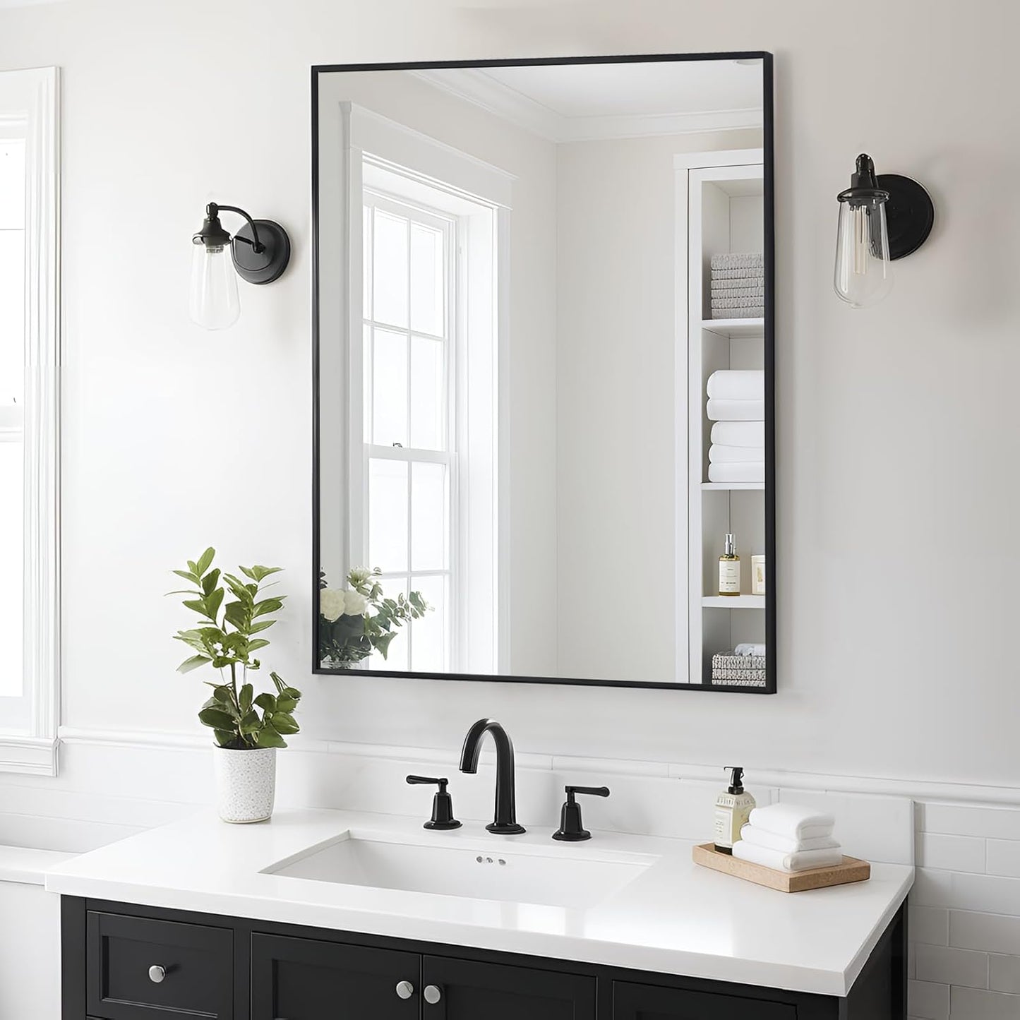 Bathroom Mirror 28x36 Inch, Black Frame Mirror 28"x36", Rectangle Wall Mounted Mirror, Metal Framed Vanity Mirror for Wall 28 by 36, Modern Mirror Hangs Horizontal Or Vertical