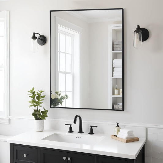 Bathroom Mirror 28x36 Inch, Black Frame Mirror 28"x36", Rectangle Wall Mounted Mirror, Metal Framed Vanity Mirror for Wall 28 by 36, Modern Mirror Hangs Horizontal Or Vertical
