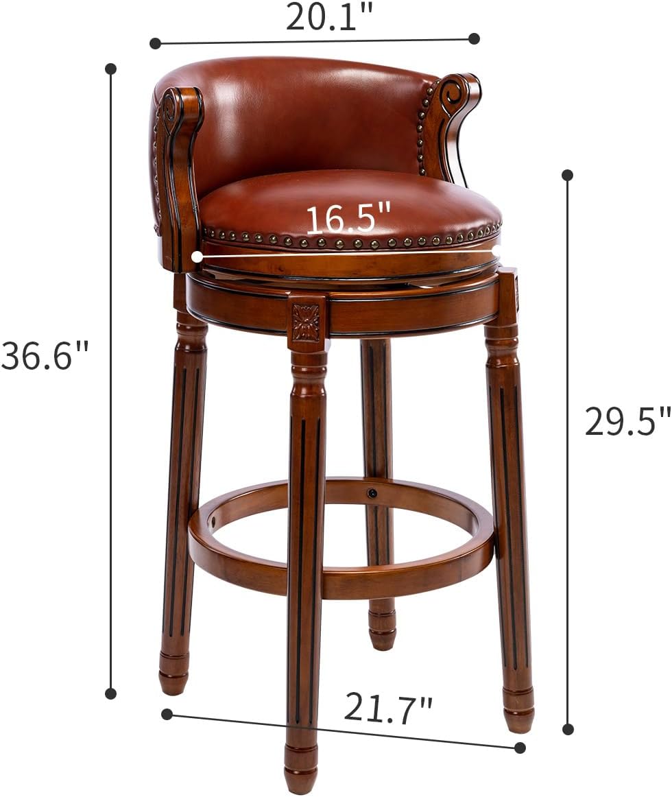 Cow top Leather Wooden Set of 2 Bar Stools, 29.5" Bar Height Bar Chair with Back, 180 Degrees Swivel Barstools Chair for Home Kitchen Counter,Dining Room, Restaurant,Study and Pub