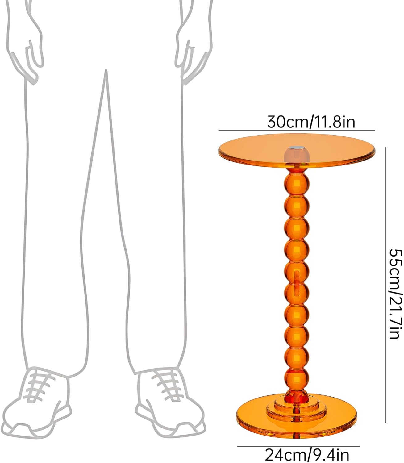 Acrylic Side Table, End Table Round Top with Solid Post for Living Room, Bedroom, Balcony, Easy Assembly (Clear) (Pedestal, Orange)