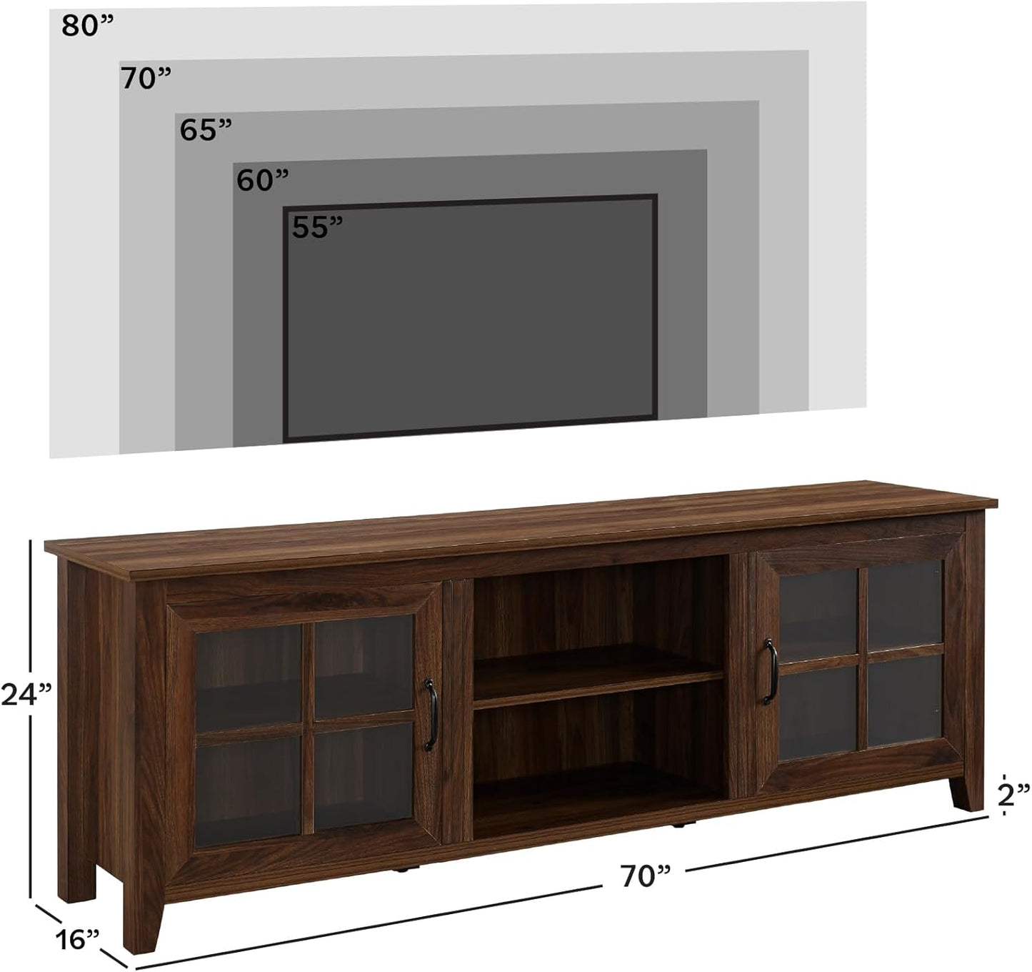 Walker Edison Portsmouth Classic 2 Glass Door TV Stand for TVs up to 80 Inches, 70 Inch, Dark Walnut