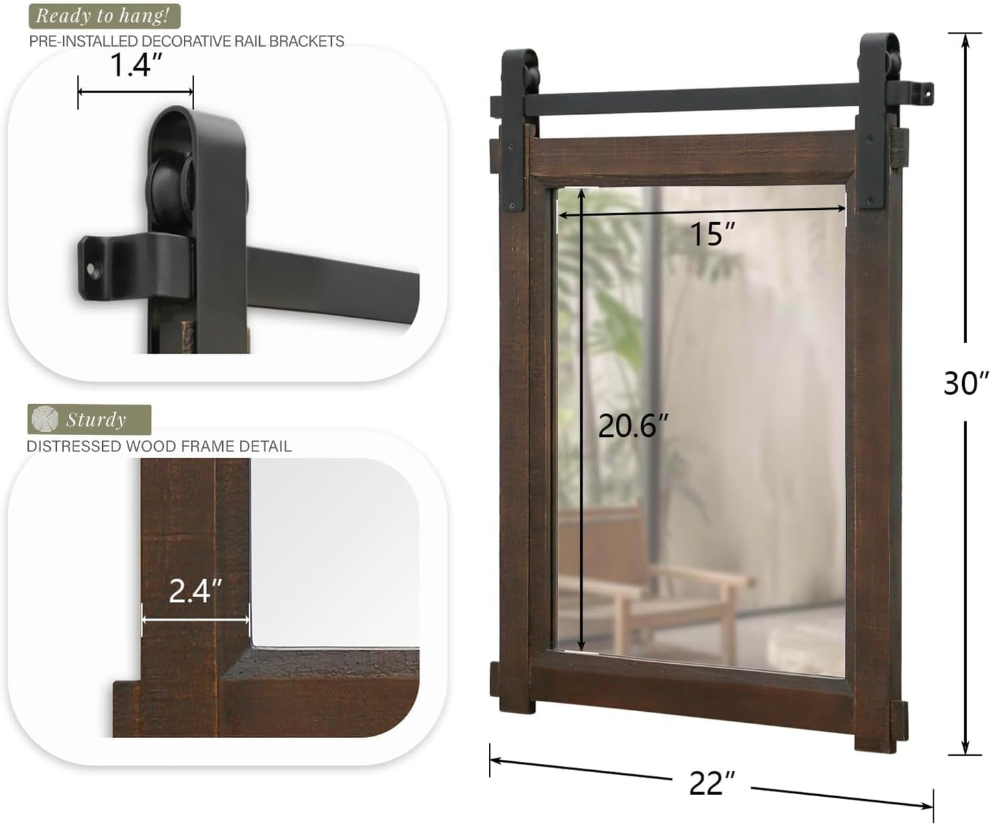 Farmhouse Barn Door Mirror: 22"x30" Black Rustic Wood Frame Mirror for Wall - Home Decor for Entryway/Bathroom/Living Room