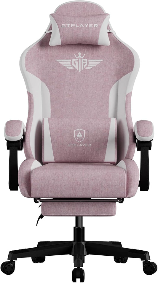 GTPLAYER Gaming Chair with Footrest, Big and Tall Game Chair High Back Computer Office Chair with Lumbar Support for Adults, Ergonomic Swivel Games Chair with Cushion Gaming Black Linen Fabric Pink