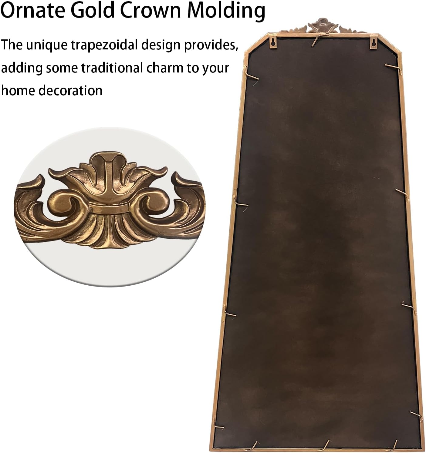 POZINO Brass Vintage Mirror,47.2"x 24" Arched Decorative Wall Mirror with Metal Frame, Ornate Gold Crown Molding, Traditional Antique Trapezoid Mirrors for Entryway Fireplace Living Room Bathroom