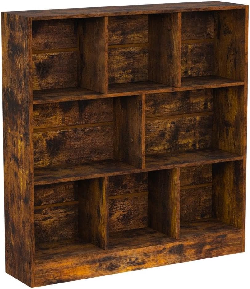 LEYAOYAO 8 Cube Bookshelf with Base,3 Tier Mid-Century Modern Brown Bookcase,Standing Wide Bookshelves Storage Organizer Shelf,Rustic Wood Display Cabinet Book Shelves for Bedroom,Living Room,Office