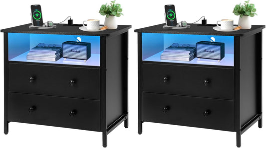 27 Inch Wide Night Stand, Large Wood Night Stand Set 2 with 2 Drawers, LED Nightstand with Charging Station and Adjustable Drawer, Bedside Table for Living Room/Bedroom/Study/Office, Black.