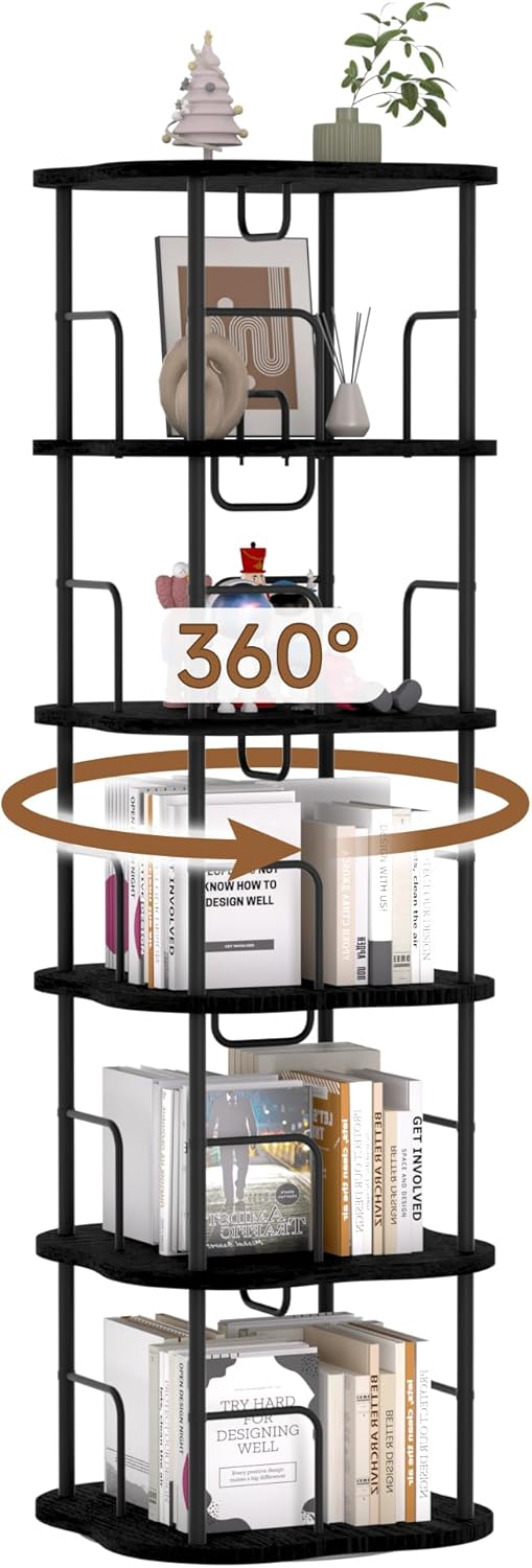 5-Tier Rotating Book Shelf, 360° Display Spinning Bookshelf Tower, Book Organizer, Floor Standing Bookcases for Small Space, Corner Book Shelf for Bedroom, Living Room, Study Room (Black)
