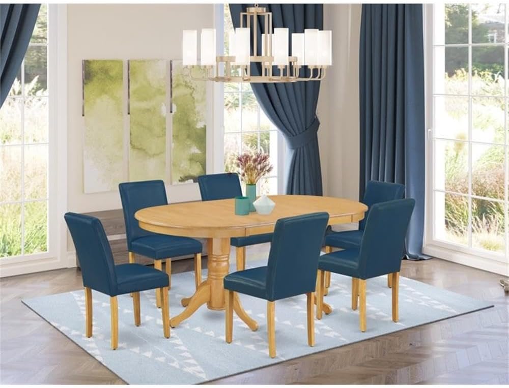 East West Furniture VAAB7-OAK-55 7 Piece Dinette Set Consist of an Oval Dining Room Table with Butterfly Leaf and 6 Oasis Blue Faux Leather Upholstered Chairs, 40x76 Inch, Oak