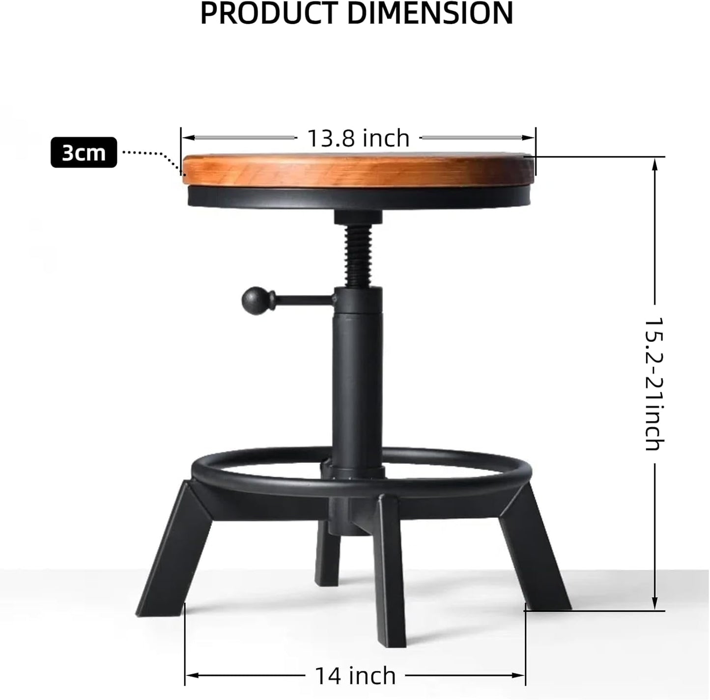 Set of 2 Industrial Bar Stools Short Stool Swivel Wooden Seat Kitchen Island Chairs Counter Height Adjustable 15.2-21inch