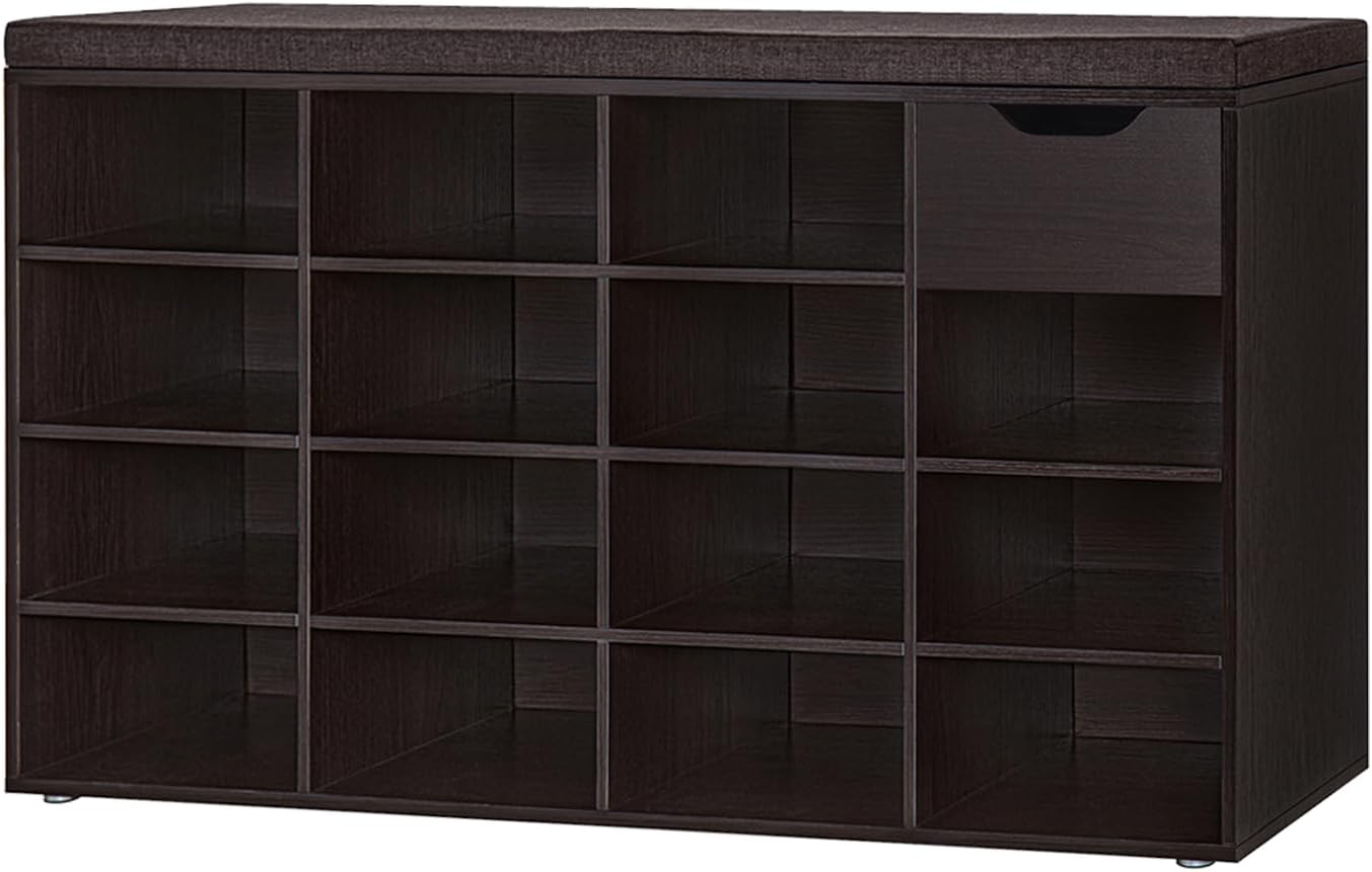 DINZI LVJ Shoe Bench, Entryway Storage Bench with Drawer and 15 Cubbies, Cubby Shoe Rack with Adjustable Shelves, Shoe Organizer Cabinet for Living Room, Bedroom, Mudroom, Closet and Garage, Espresso