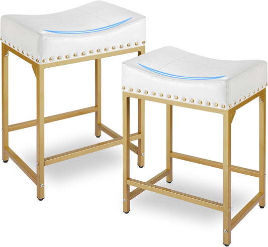 Bar Stools Set of 2, Gold White Counter Height Stools with Cushion Counter Stools and Barstools Steel Frame, 24" Modern Gold Bar Stools for Kitchen Counter Island (Off White+Gold)