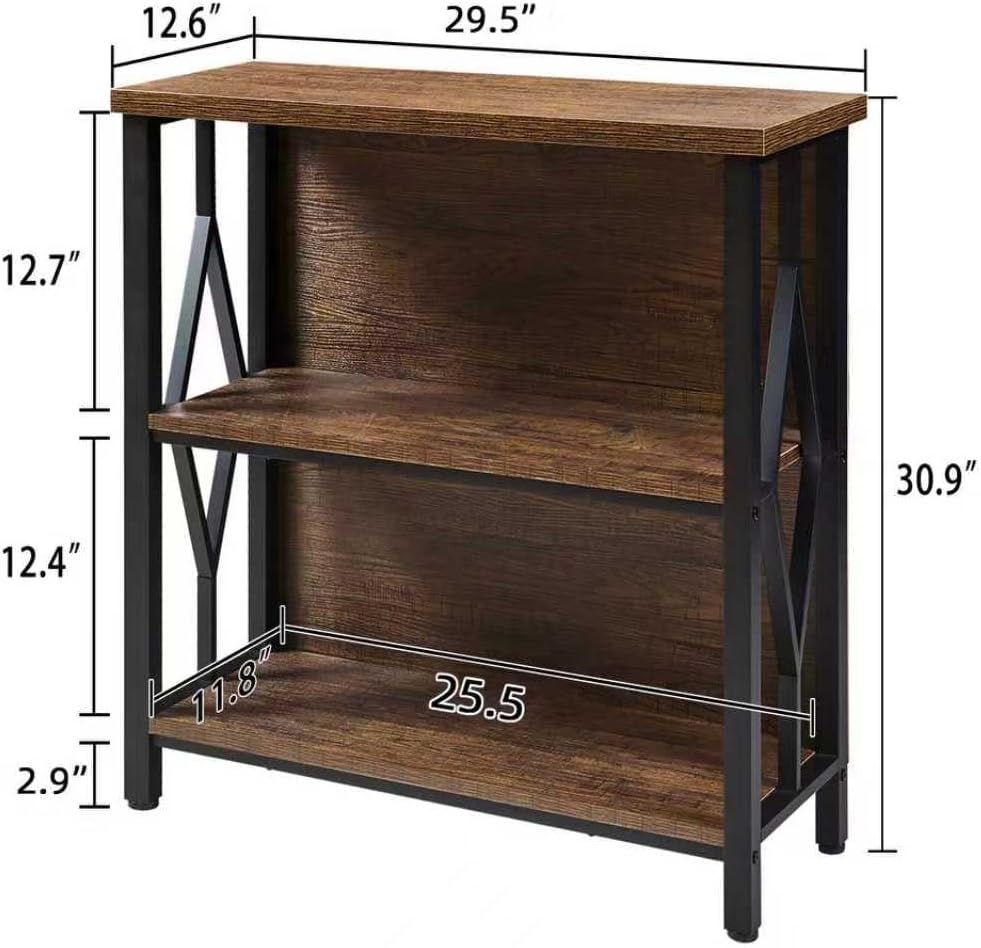 HOMISSUE Bookshelf, 3-Tier Rustic Small Bookshelf, Industrial Shelf Bookcase with Engineered Wood Shelves, Low Bookcase with Storage, Small Shelf for Living Room, Bedroom and Office, Rustic Brown