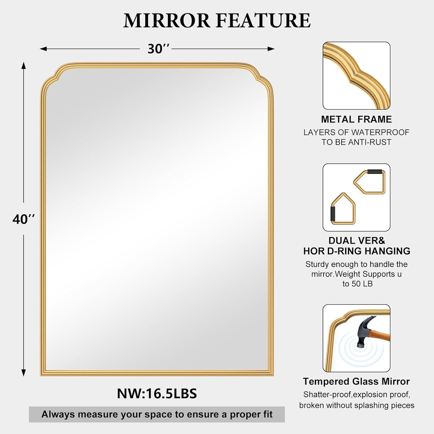 30X40 Inch Gold Bathroom Mirror for Vanity, Modern Rounded Corner Large Wall Mirror for Over Sink with Non-Rusting Iron Metal Framed (Tempered Glass)