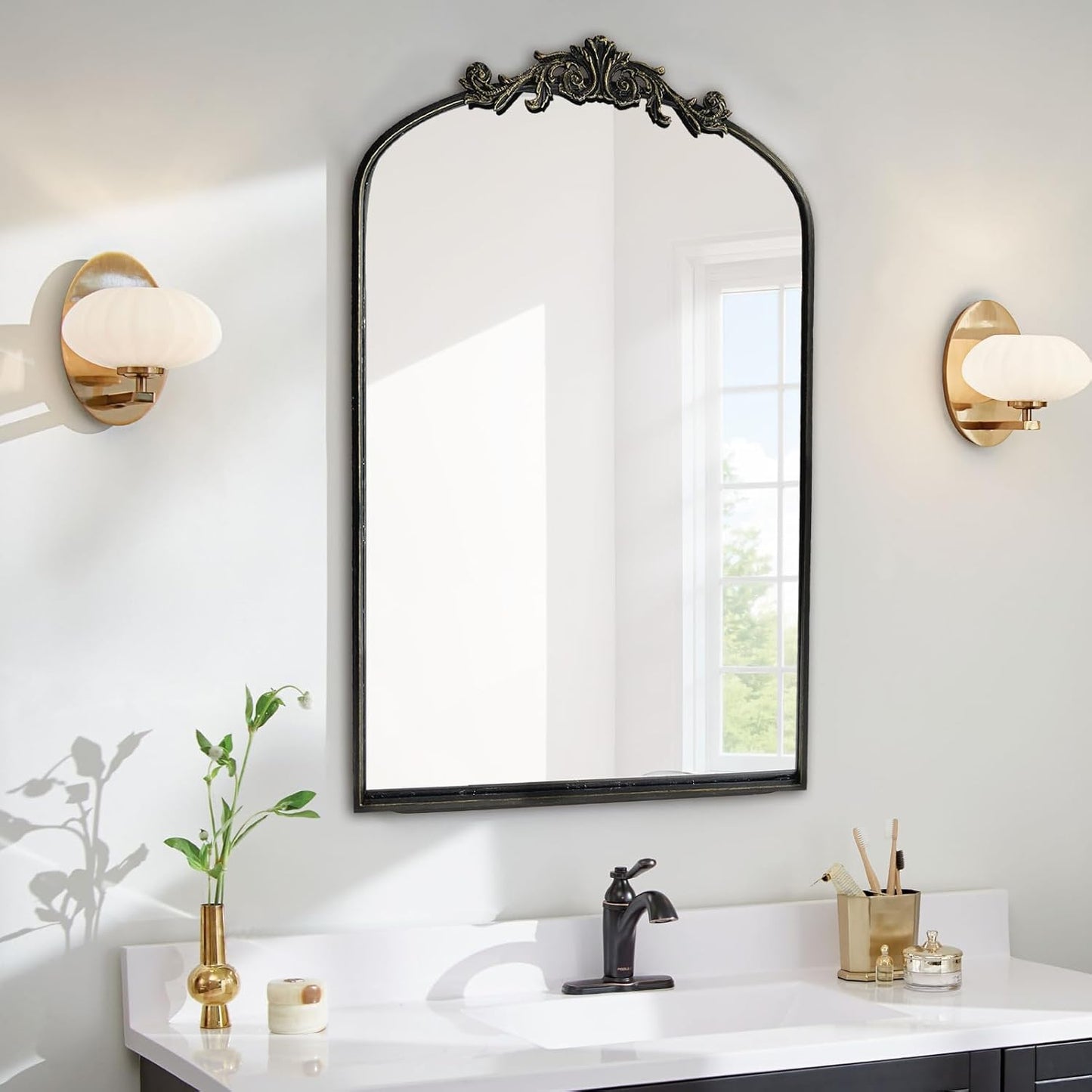 WAMIRRO Ornate Black Mirror,Vintage Arched Baroque Antique Mirorrs for Living Room Hallway Fireplace Bathroom Entryway 24"X36"