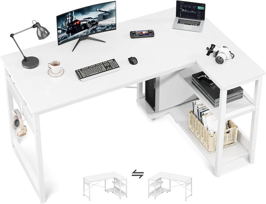 Casaottima L Shaped Computer Desk, 48 Inch Small Corner Desk with Storage Shelves & PC Stand, Reversible Gaming Desk for Bedroom, Modern Writing Study Table for Home Office, White