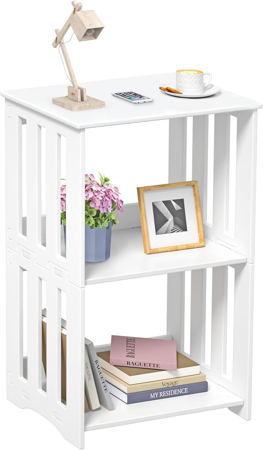3-Tier End Table Nightstand White, Narrow Side Table with Storage Shelf, Small Bookshelf Bedside Table for Bedroom, Living Room, Office, Bathroom