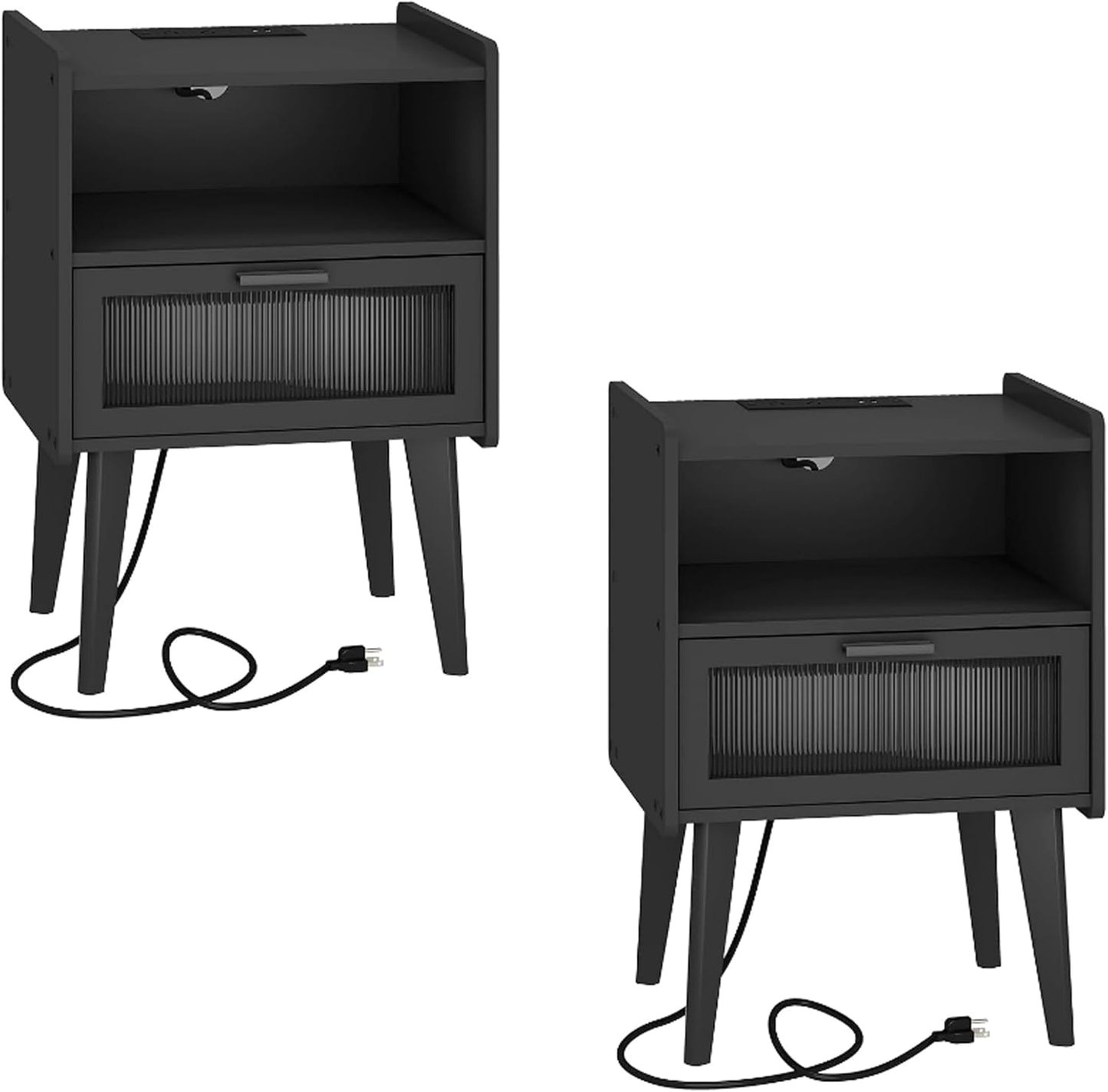 Nightstand with Charging Station, Bedside Tables Set of 2, End Table Side Table with 2 Tiers Storage Space, for Bedroom, Living Room, Black MLBZ07BEV-2