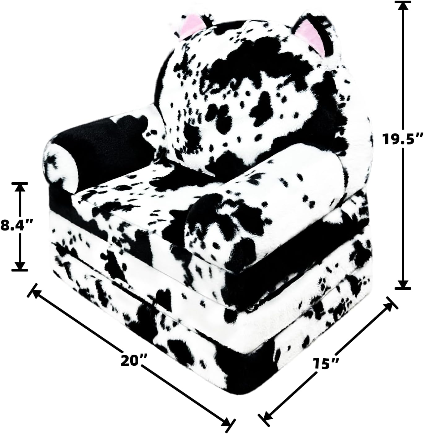 Toddler Chair with Faux Rabbit Fur – 2-in-1 Foldable Kids Couch, Soft Sofa for Reading, Napping, Bedroom or Playroom Use, 18 Months+ （Cow & Cat）