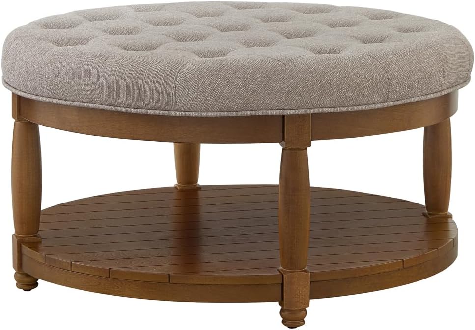 24KF Upholstered Round Coffee Table with Wooden Shelf, Tufted Button Large Round Ottoman with Spindle Wooden Legs, Linen Large Footrest Ottoman Pouf for Living Room, Linen