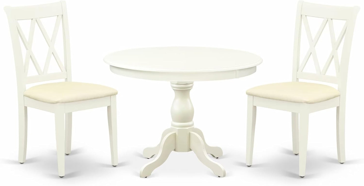 East West Furniture HBCL3-LWH-C 3 Piece Dining Table Set for Small Spaces Contains a Round Dining Room Table with Pedestal and 2 Linen Fabric Upholstered Chairs, 42x42 Inch, Linen White