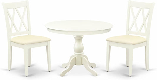 East West Furniture HBCL3-LWH-C 3 Piece Dining Table Set for Small Spaces Contains a Round Dining Room Table with Pedestal and 2 Linen Fabric Upholstered Chairs, 42x42 Inch, Linen White