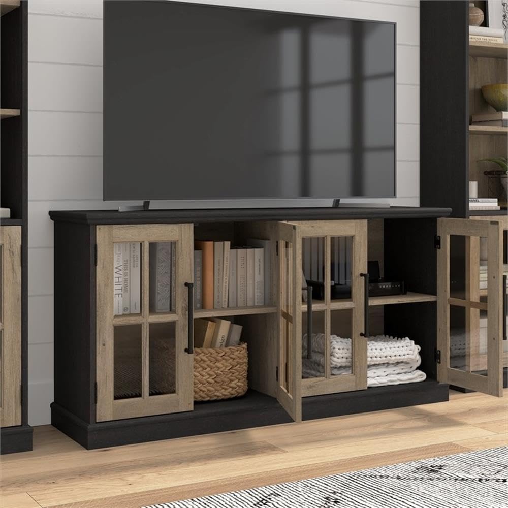 Bush Furniture Westbrook 60W TV Stand for 75 Inch TV in Vintage Black/Restored Tan Hickory | Living Room Entertainment Center with Storage
