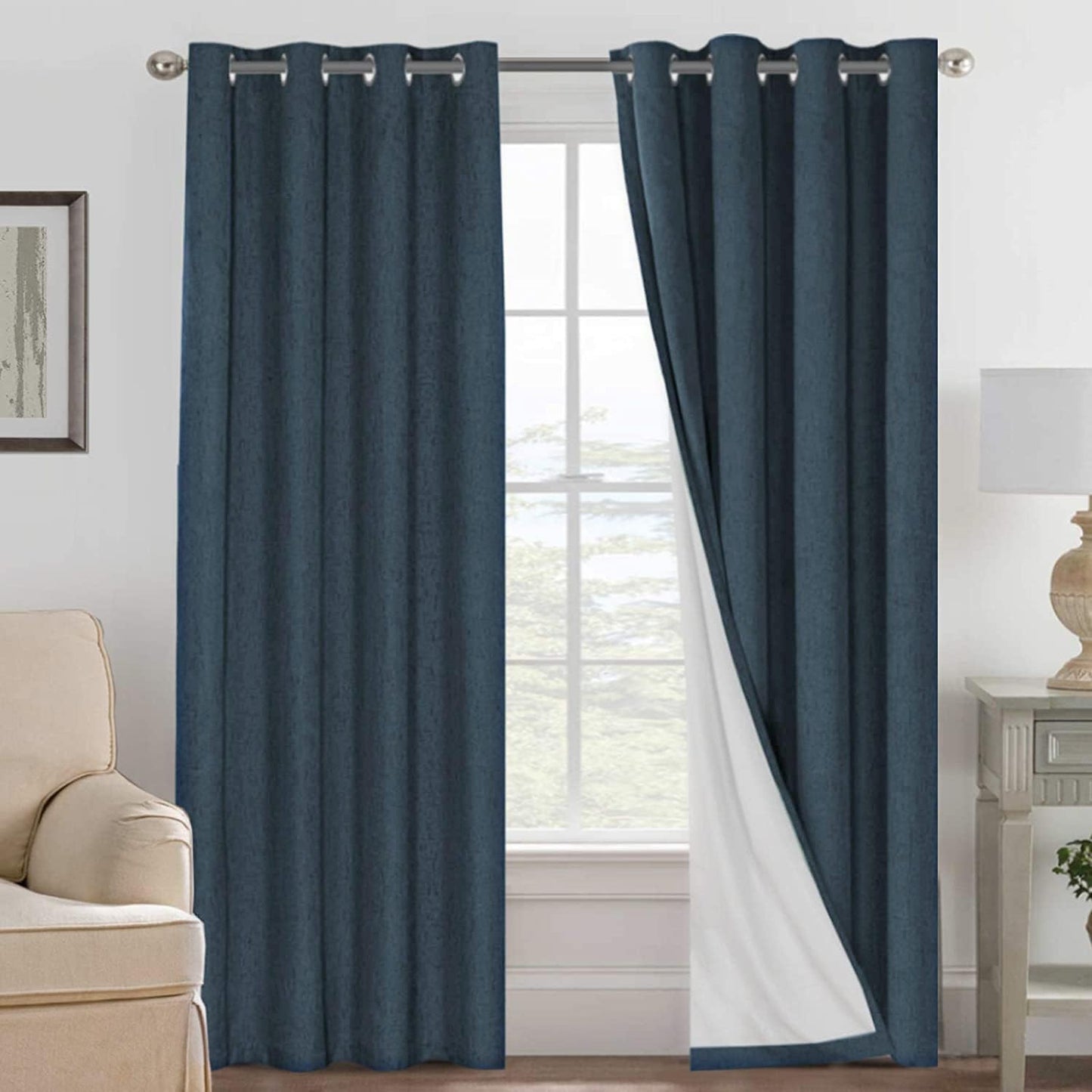H.VERSAILTEX Linen Blackout Curtains 84 Inches Long 100% Absolutely Blackout Thermal Insulated Textured Linen Look Curtain Draperies Anti-Rust Grommet, Energy Saving with White Liner, 2 Panels, Navy