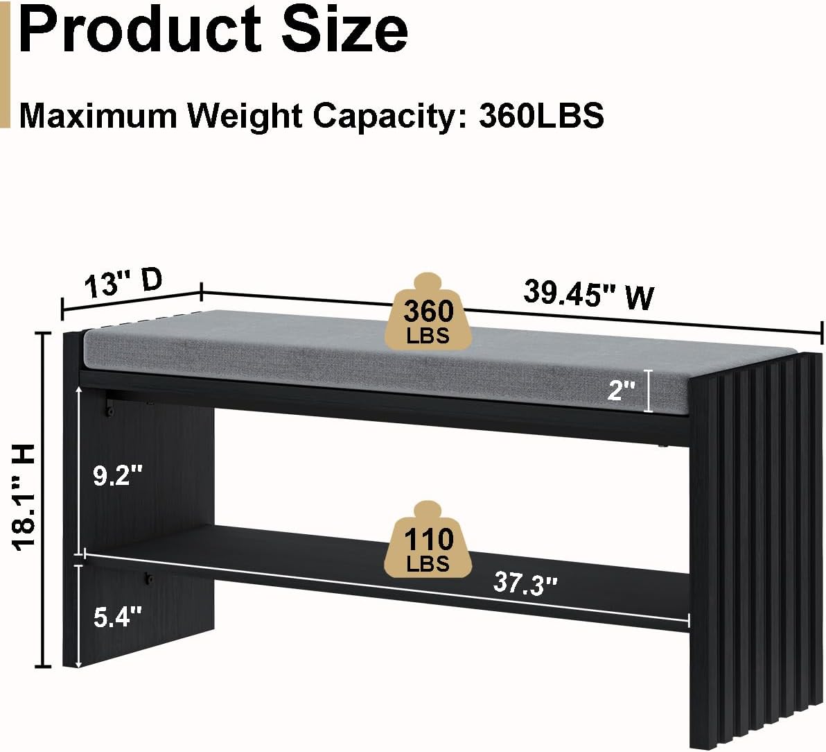 BON AUGURE Storage Bench, Entryway Bench with Shoes Storage, Wooden Benches with Seat Cushion, Shoe Rack Benches for Entry, Entrance, Front Door (Black Oak, 40 Inch Wide)