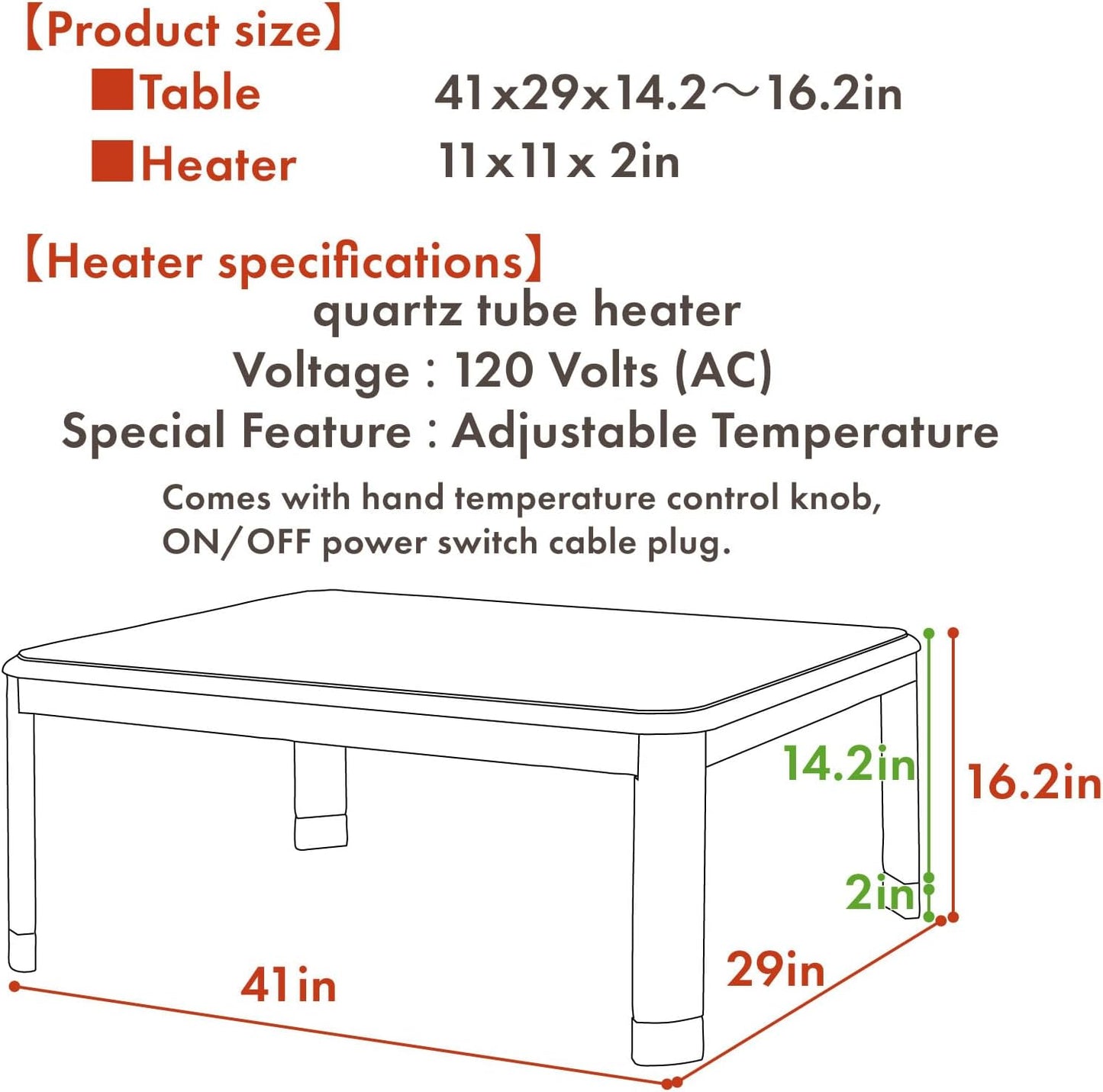 PaletteLife Japanese Heated Table (41x29in- Wooden Chabudai Furniture with 120V Electric Heater - Low-Lying Dining and Work Desk with Temperature Control Knob Casual kotatsu