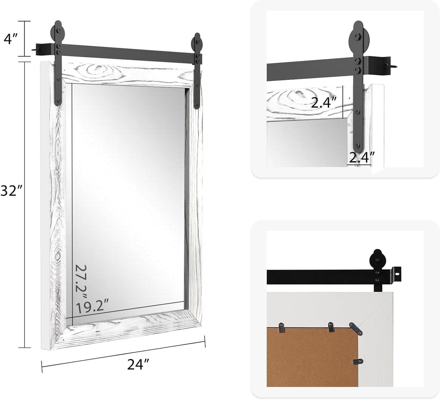 YOSHOOT Farmhouse Barn Door Mirror, 32"x24" Rustic Wood Framed Wall Mounted Vintage Mirror, Wooden Farmhouse Style for Bathroom Living Room Entryway, White, Vertical Hanging ONLY