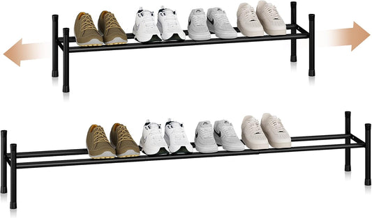 STORAGE MANIAC Long Expandable Shoe Rack, 6 Pairs Metal Wide Stackable Shoe Rack, Adjustable Shoes Shelf, Freestanding Shoes Organizer for Closet, Entryway, Hallway, Garage, Front Door, 1 Tier
