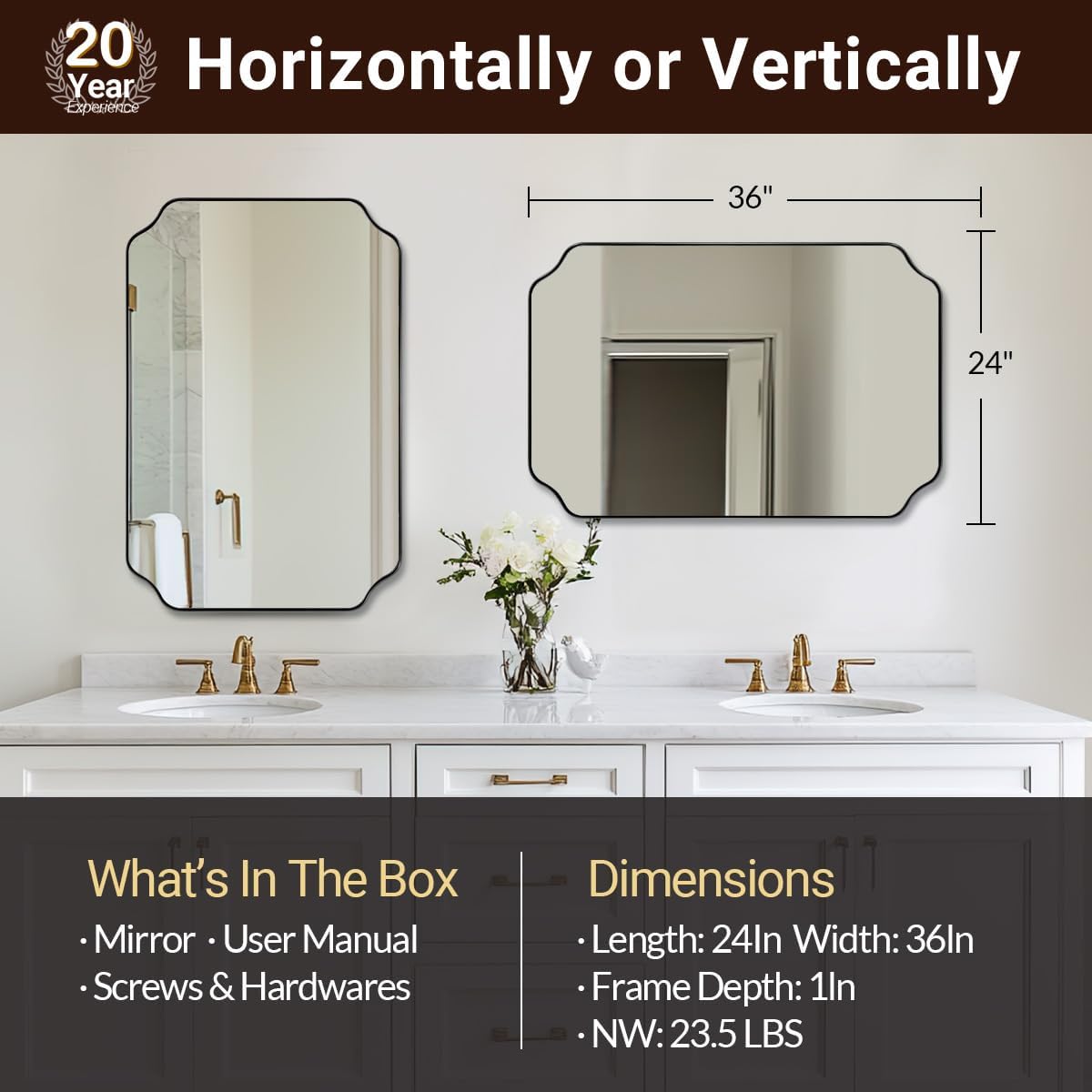 ANDY STAR Bathroom Vanity Mirror, 24x36 Inch Matte Black Mirror, Modern Rectangle Mirrors for Bathroom, Asymmetrical Wall Mirror with Scalloped Round Corner