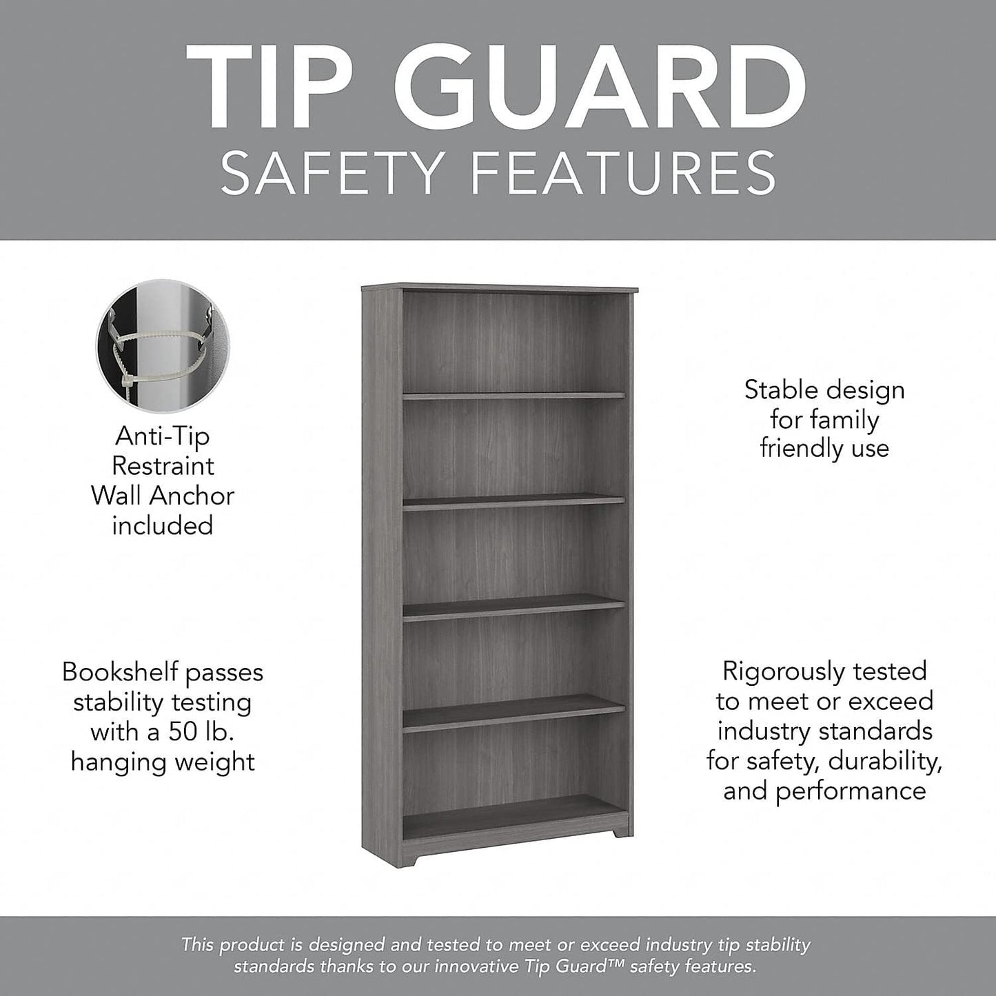 Bush Furniture Cabot Tall 5 Shelf Bookcase | Large Open Bookshelf in Modern Gray | Sturdy Display Cabinet for Library, Living Room, and Home Office