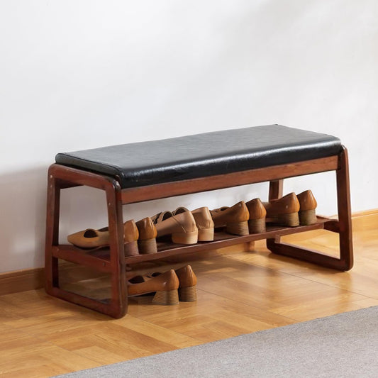 latifolia Solid Wood Bench, Entryway Shoe Bench with Cushion, 2 Tier Shoe Storage Organizer for Hallway, Living Room(Black,31.50''L)