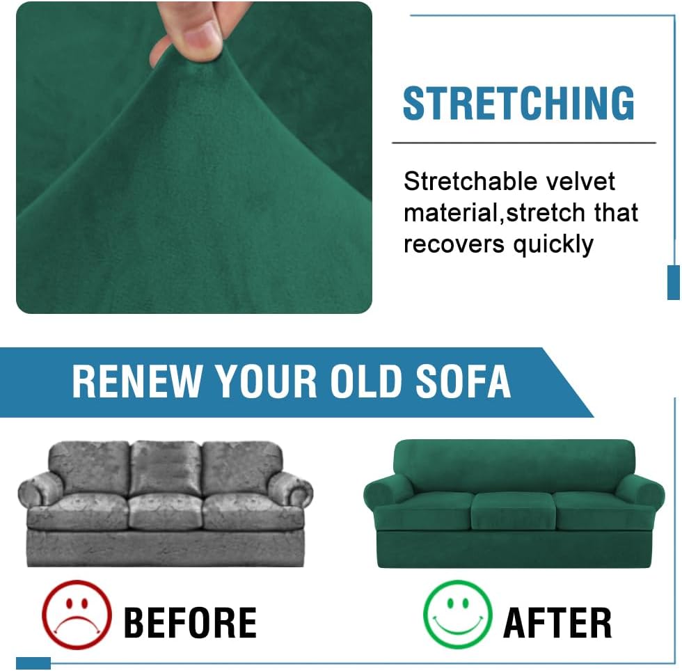 H.VERSAILTEX Sofa Cover 4 Piece T Cushion Sofa Slipcovers Thick Velvet Couch Cover Stretch T Cushion Sofa Covers for 3 Cushion Couch with 3 Individual T Cushion Covers, Vintage Green