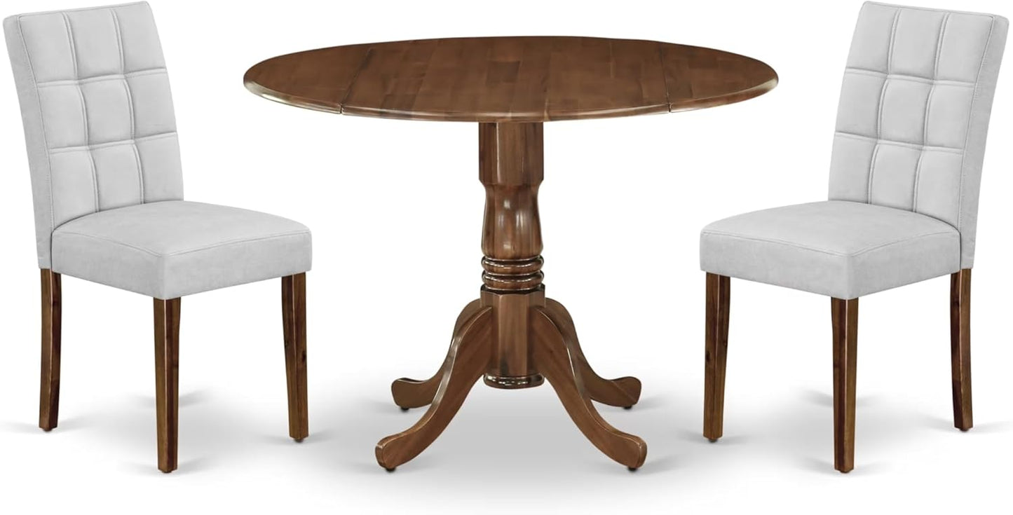 East West Furniture DLAS3-AWA-27 3 Piece Mid Century Modern Dining Set contain A Wood Table and 2 Light Gray Polyester Fabric Mid Century Modern Dining Chairs, Antique Walnut